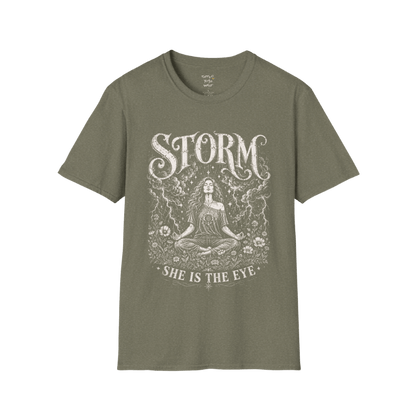 Heather Military Green Storm T-Shirt with mystical feminine artwork and vintage spiritual storm illustration.