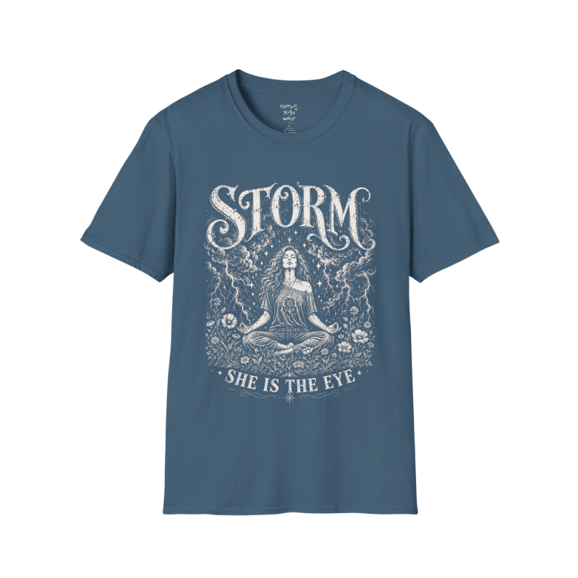 Indigo Blue Storm T-Shirt featuring etched goddess artwork with celestial clouds and lightning detailing.