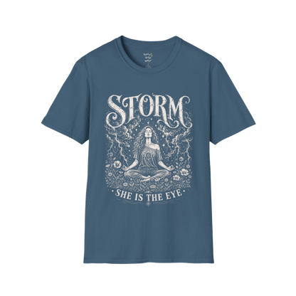 Indigo Blue Storm T-Shirt featuring etched goddess artwork with celestial clouds and lightning detailing.