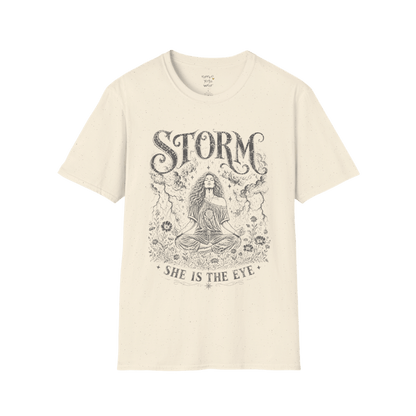 Natural Storm T-Shirt with soft vintage mystical goddess artwork in distressed cream spiritual illustration style.