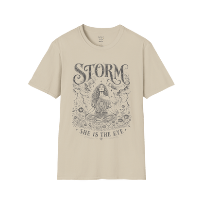 Sand Storm T-Shirt featuring faded celestial goddess artwork with antique mystical engraving texture.