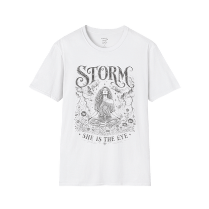 White Storm T-Shirt with vintage spiritual goddess illustration and soft distressed storm-inspired artwork.