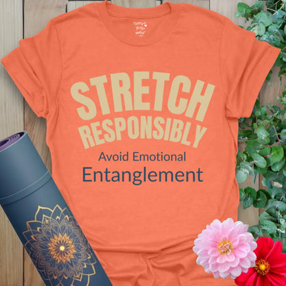 Heather Orange Stretch Responsibly T-Shirt with collegiate-style font and playful yoga quote. Unisex activewear tee.