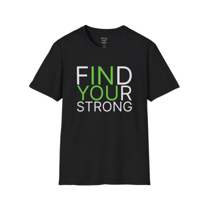 "Find Your Strong" typography design on Black tee — The Vault collection by Ramro Yoga Wear