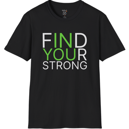 "Find Your Strong" typography design on Black tee — The Vault collection by Ramro Yoga Wear