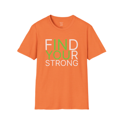 "Find Your Strong" typography design on Heather Orange tee — The Vault collection by Ramro Yoga Wear