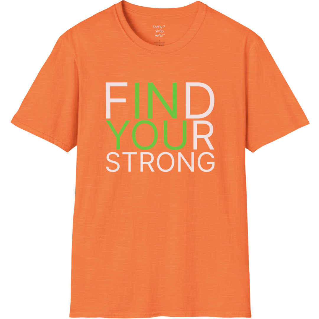 "Find Your Strong" typography design on Heather Orange tee — The Vault collection by Ramro Yoga Wear