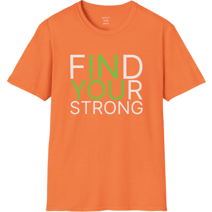 "Find Your Strong" typography design on Heather Orange tee — The Vault collection by Ramro Yoga Wear