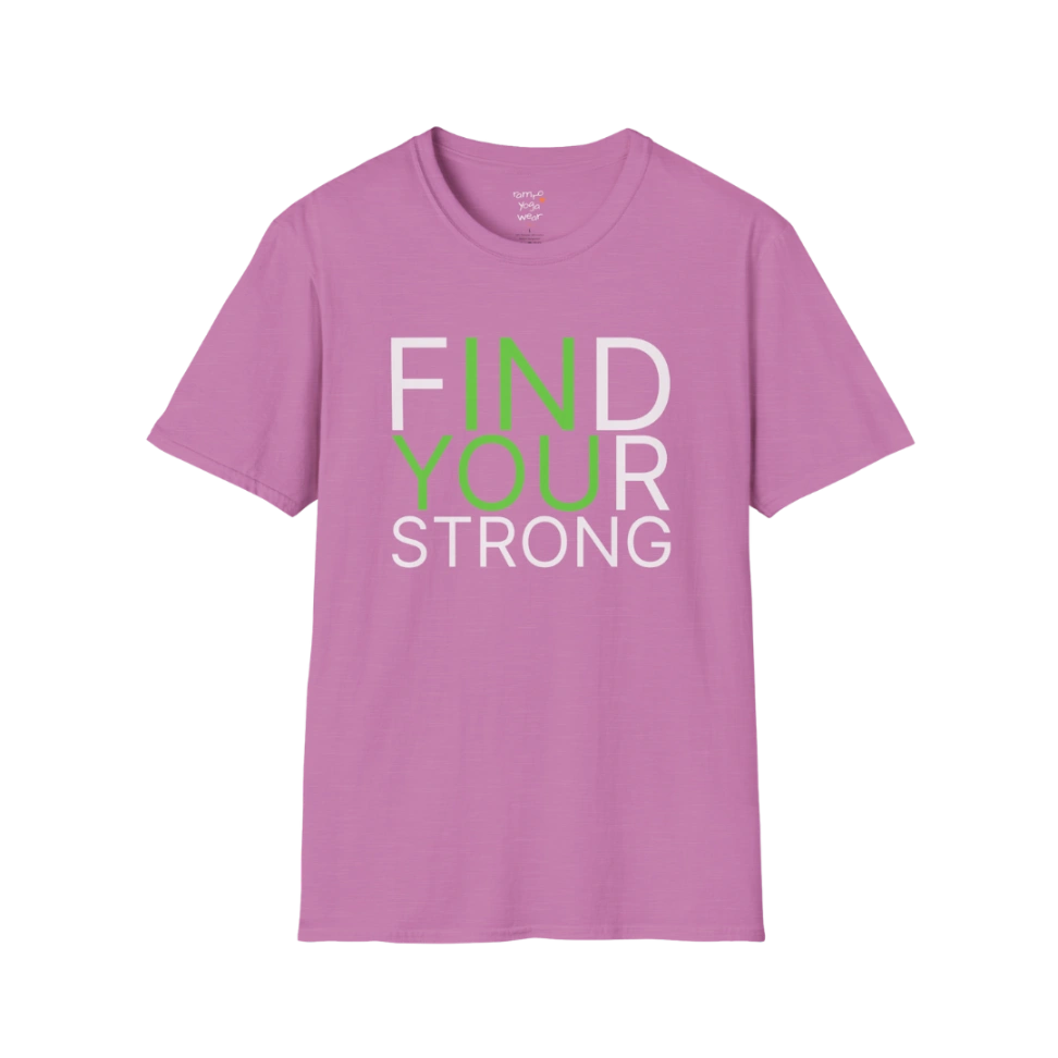 "Find Your Strong" typography design on Heather Radiant Orchid tee — The Vault collection by Ramro Yoga Wear