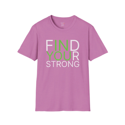 "Find Your Strong" typography design on Heather Radiant Orchid tee — The Vault collection by Ramro Yoga Wear