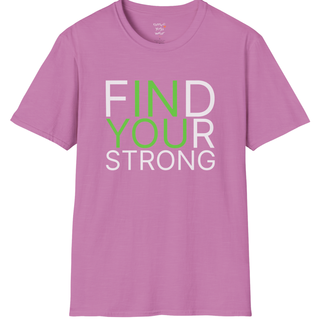 "Find Your Strong" typography design on Heather Radiant Orchid tee — The Vault collection by Ramro Yoga Wear