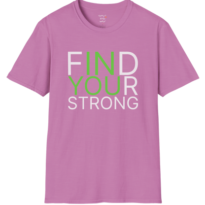 "Find Your Strong" typography design on Heather Radiant Orchid tee — The Vault collection by Ramro Yoga Wear