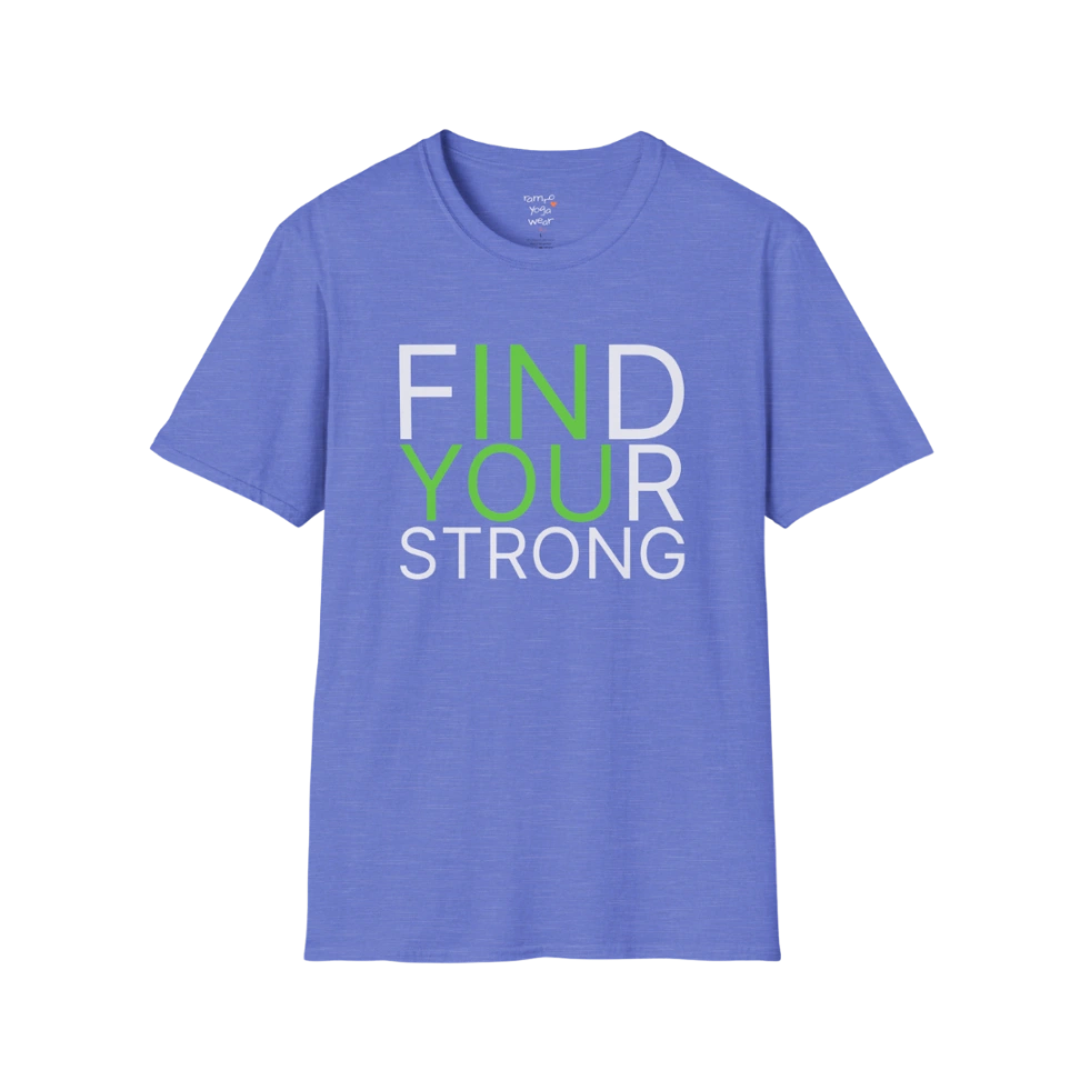 "Find Your Strong" typography design on Heather Royal tee — The Vault collection by Ramro Yoga Wear