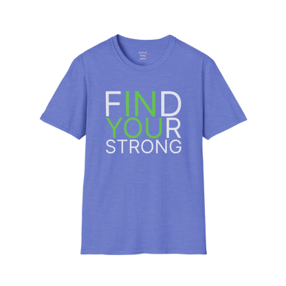 "Find Your Strong" typography design on Heather Royal tee — The Vault collection by Ramro Yoga Wear