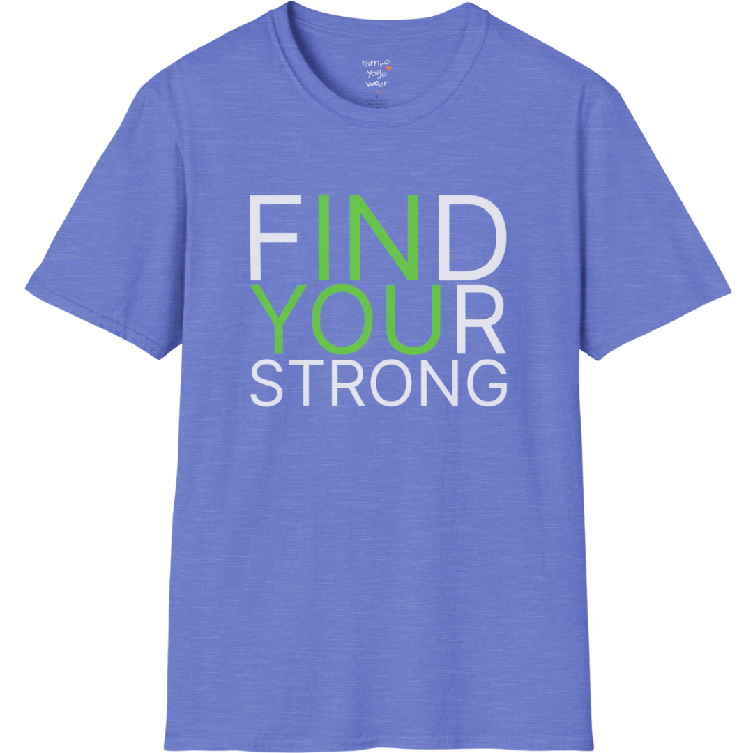 "Find Your Strong" typography design on Heather Royal tee — The Vault collection by Ramro Yoga Wear