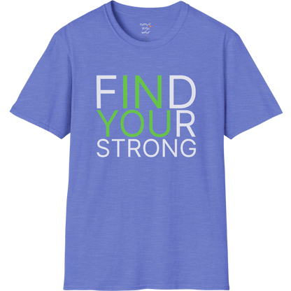 "Find Your Strong" typography design on Heather Royal tee — The Vault collection by Ramro Yoga Wear
