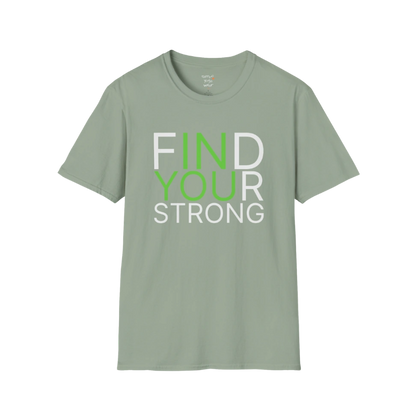 "Find Your Strong" typography design on Sage tee — The Vault collection by Ramro Yoga Wear.