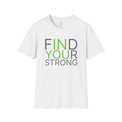 "Find Your Strong" typography design on White tee — The Vault collection by Ramro Yoga Wear