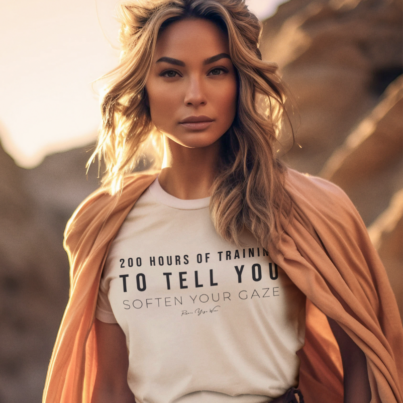 Woman wearing Studio Tan yoga teacher gift tee in golden desert light — Yoga Teacher Gifts collection by Ramro Yoga Wear