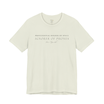 PROFESSIONAL HOLDER OF SPACE IGNORER OF PHONES yoga teacher gift tee flat lay in Citron — Yoga Teacher Gifts collection by Ramro Yoga Wear