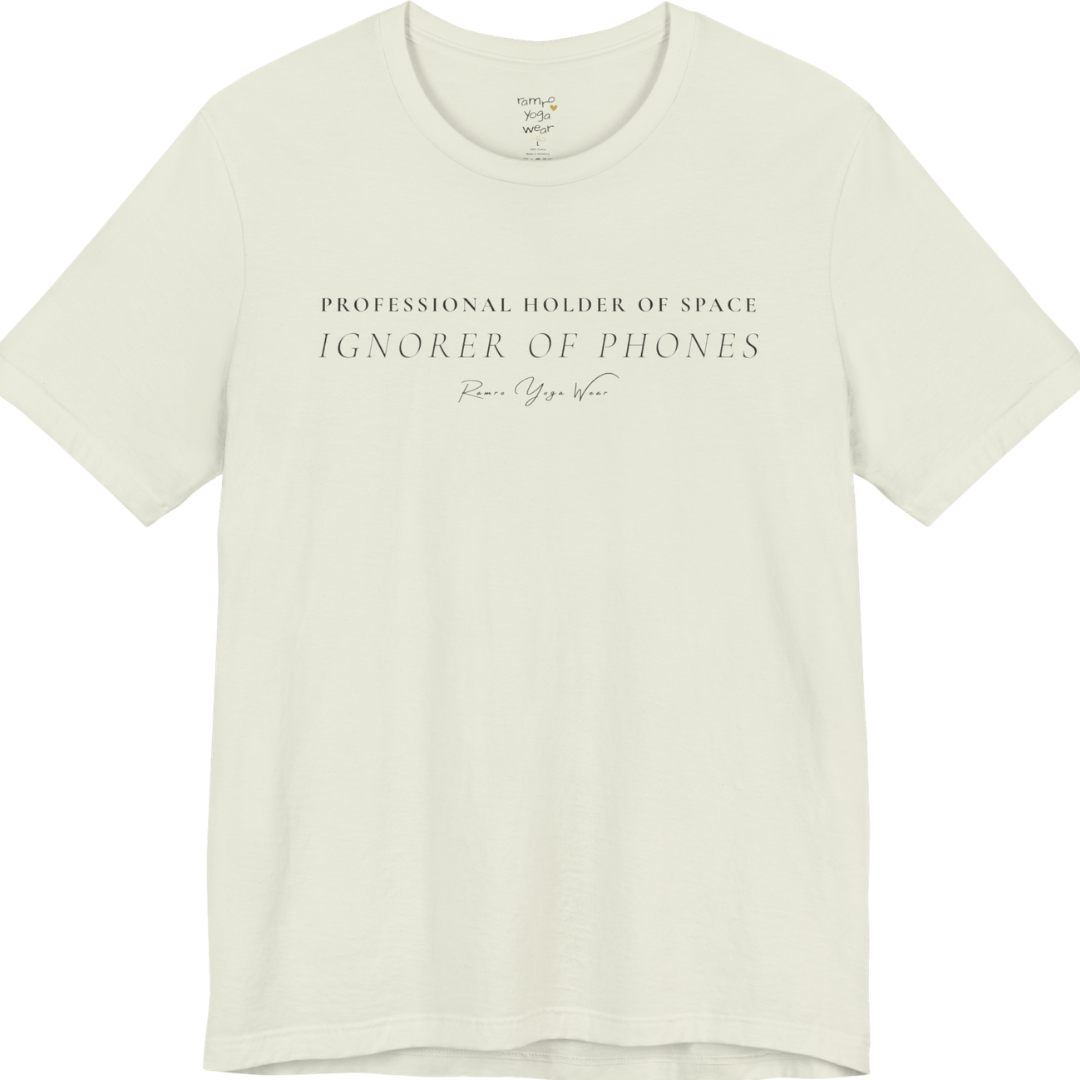 PROFESSIONAL HOLDER OF SPACE IGNORER OF PHONES yoga teacher gift tee flat lay in Citron — Yoga Teacher Gifts collection by Ramro Yoga Wear