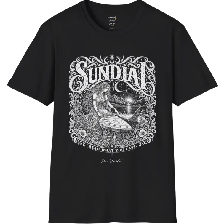 A short sleeved tee called the Sundial T-Shirt, flat lay and a Gildan 64000 shirt. Simply says, Read What You Cast. Design highlights a woman reading a sundial beneath a starry sky, with mountains and a rising sun in the background, in a detailed vintage-inspired illustration. Color is Black.
