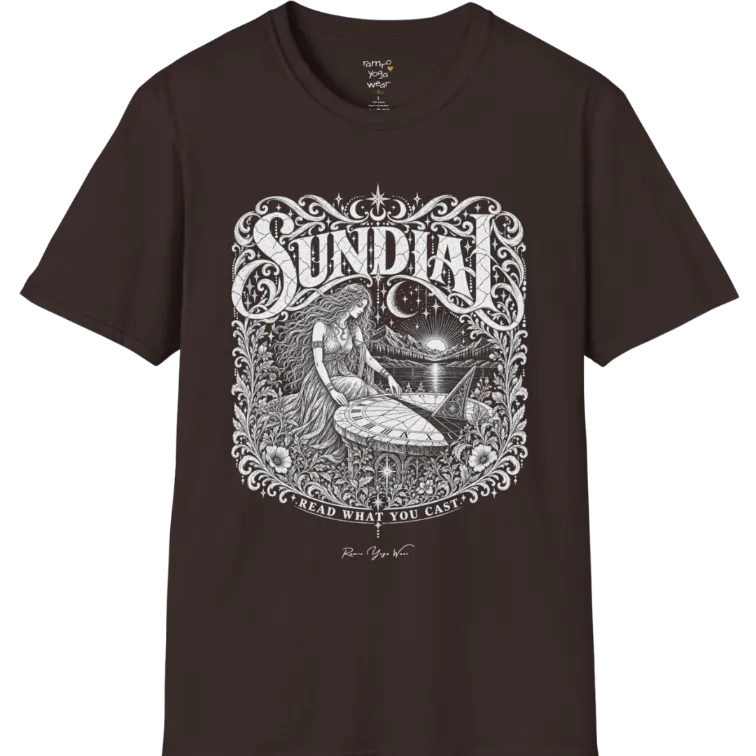 A short sleeved tee called the Sundial T-Shirt, flat lay and a Gildan 64000 shirt. Simply says, Read What You Cast. Design highlights a woman reading a sundial beneath a starry sky, with mountains and a rising sun in the background, in a detailed vintage-inspired illustration. Color is Dark Chocolate.