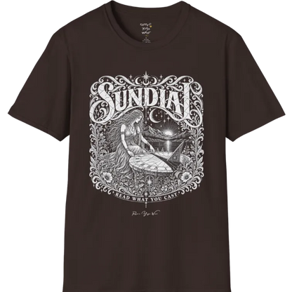 A short sleeved tee called the Sundial T-Shirt, flat lay and a Gildan 64000 shirt. Simply says, Read What You Cast. Design highlights a woman reading a sundial beneath a starry sky, with mountains and a rising sun in the background, in a detailed vintage-inspired illustration. Color is Dark Chocolate.