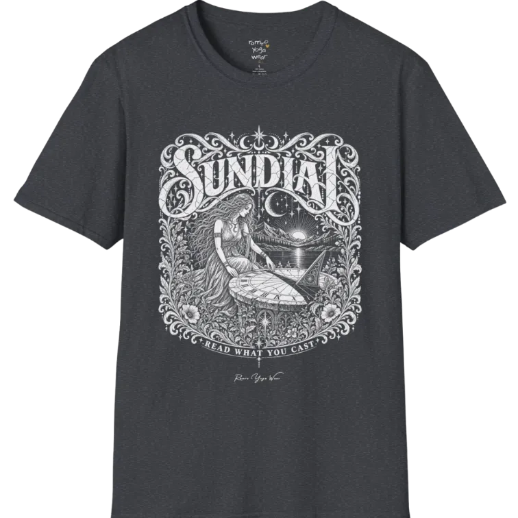 A short sleeved tee called the Sundial T-Shirt, flat lay and a Gildan 64000 shirt. Simply says, Read What You Cast. Design highlights a woman reading a sundial beneath a starry sky, with mountains and a rising sun in the background, in a detailed vintage-inspired illustration. Color is Dark Heather Grey.