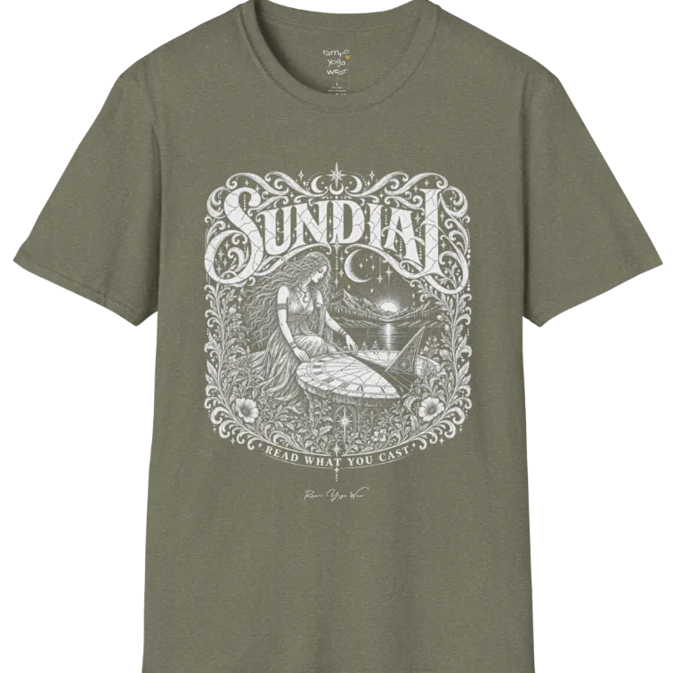 A short sleeved tee called the Sundial T-Shirt, flat lay and a Gildan 64000 shirt. Simply says, Read What You Cast. Design highlights a woman reading a sundial beneath a starry sky, with mountains and a rising sun in the background, in a detailed vintage-inspired illustration. Color is Heather Military Green.