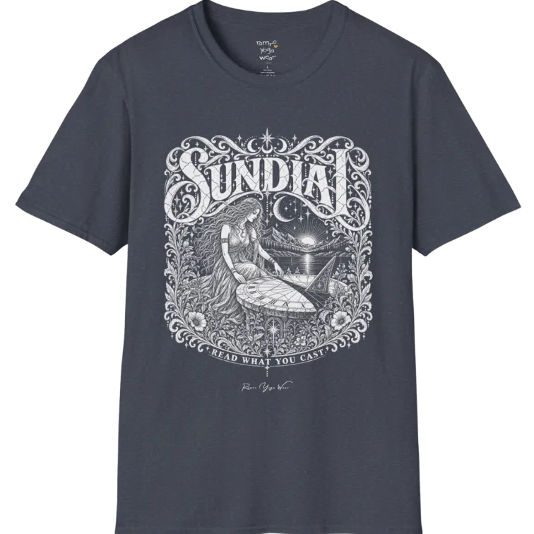 A short sleeved tee called the Sundial T-Shirt, flat lay and a Gildan 64000 shirt. Simply says, Read What You Cast. Design highlights a woman reading a sundial beneath a starry sky, with mountains and a rising sun in the background, in a detailed vintage-inspired illustration. Color is Heather Navy.