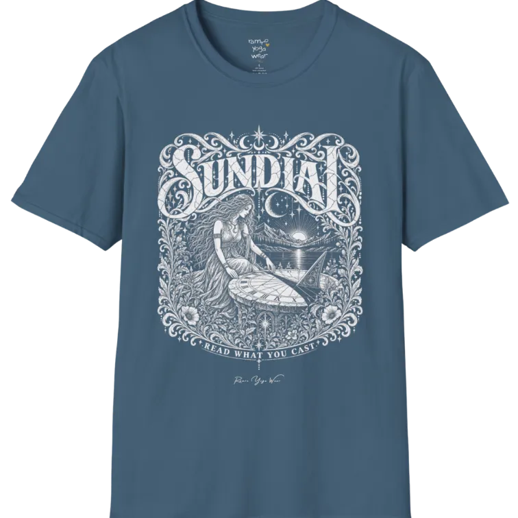 A short sleeved tee called the Sundial T-Shirt, flat lay and a Gildan 64000 shirt. Simply says, Read What You Cast. Design highlights a woman reading a sundial beneath a starry sky, with mountains and a rising sun in the background, in a detailed vintage-inspired illustration. Color is Indigo Blue.