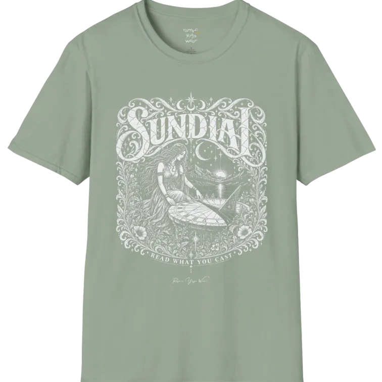 A short sleeved tee called the Sundial T-Shirt, flat lay and a Gildan 64000 shirt. Simply says, Read What You Cast. Design highlights a woman reading a sundial beneath a starry sky, with mountains and a rising sun in the background, in a detailed vintage-inspired illustration. Color is Sage.