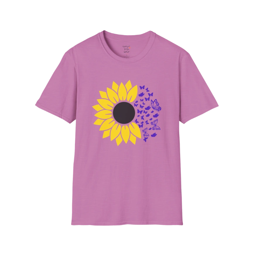 Bold sunflower design with soft botanical elements — The Vault collection by Ramro Yoga Wear — Heather Radiant Orchid
