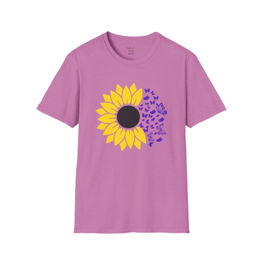 Sunflower T-Shirt Heather Radiant Orchid with sunflower and botanical design. Vibrant yoga tee with joyful, uplifting feel.