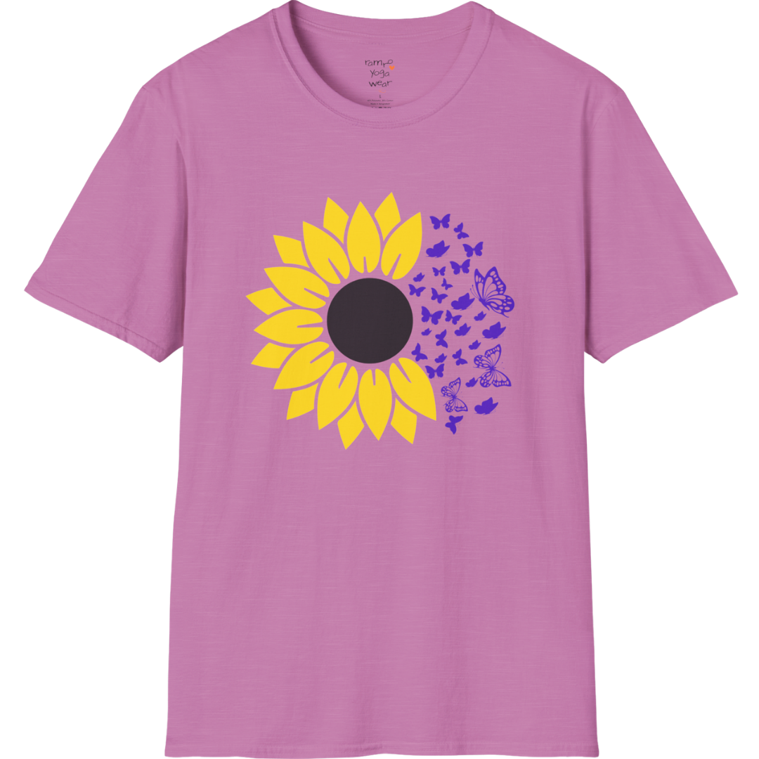 Bold sunflower design with soft botanical elements — The Vault collection by Ramro Yoga Wear — Heather Radiant Orchid