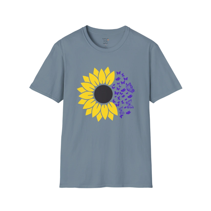 Bold sunflower design with soft botanical elements — The Vault collection by Ramro Yoga Wear — Stone Blue