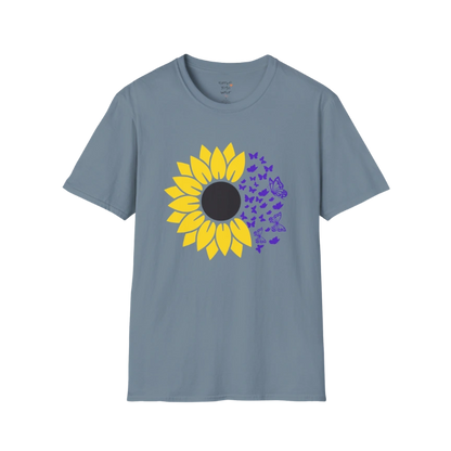 Bold sunflower design with soft botanical elements — The Vault collection by Ramro Yoga Wear — Stone Blue
