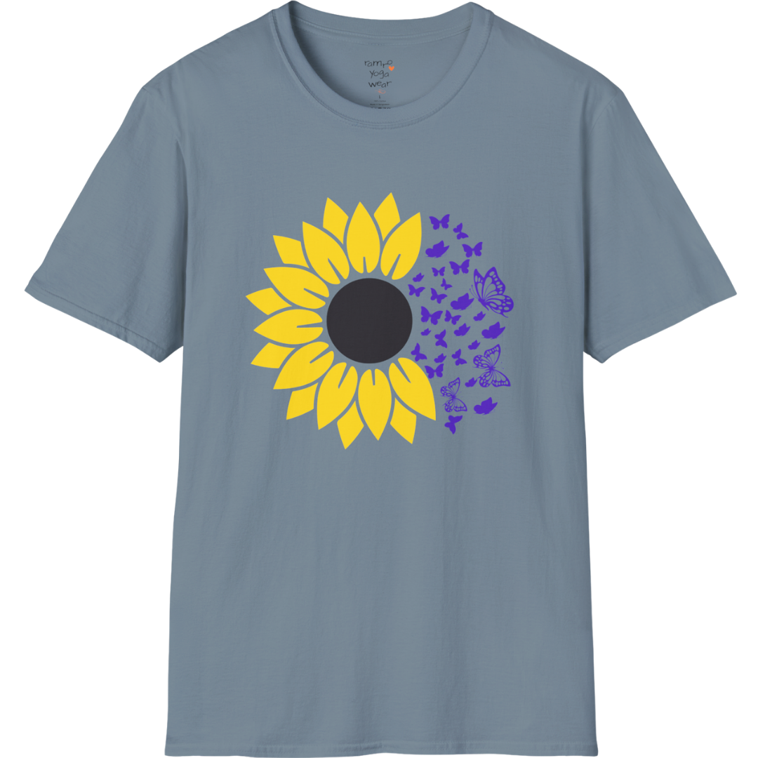 Bold sunflower design with soft botanical elements — The Vault collection by Ramro Yoga Wear — Stone Blue