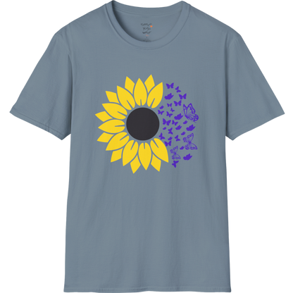 Bold sunflower design with soft botanical elements — The Vault collection by Ramro Yoga Wear — Stone Blue