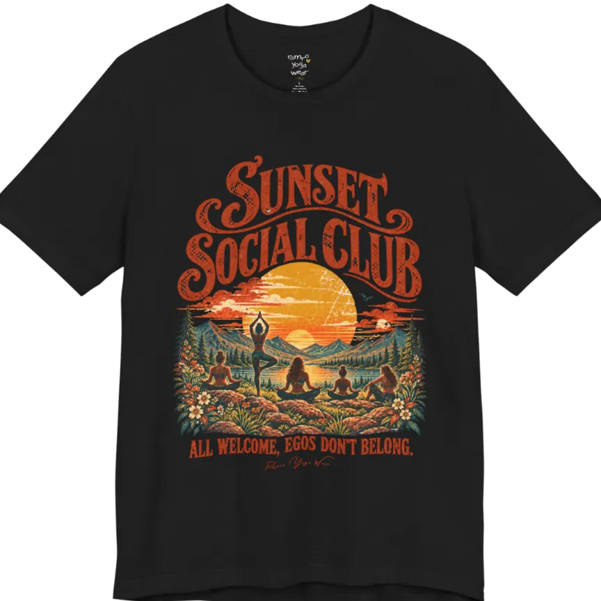 A short sleeved tee called the Sunset T-Shirt, flat lay and a Bella + Canvas 3001 shirt. Simply says, Sunset Social Club, All Welcome, Egos Don't Belong. Design highlights several people meditating together across a mountain landscape at sunset, with a large setting sun, pine trees, and florals, in a color vintage travel-poster illustration. Color is Black.
