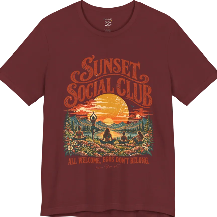 A short sleeved tee called the Sunset T-Shirt, flat lay and a Bella + Canvas 3001 shirt. Simply says, Sunset Social Club, All Welcome, Egos Don't Belong. Design highlights several people meditating together across a mountain landscape at sunset, with a large setting sun, pine trees, and florals, in a color vintage travel-poster illustration. Color is Heather Cardinal.
