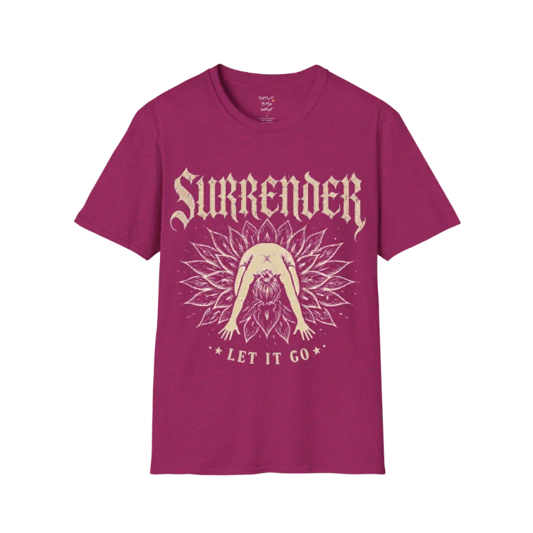 Surrender T-Shirt in Antique Heliconia featuring mystical yoga artwork with gothic typography and mindful “Let It Go” message.