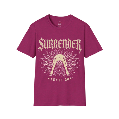 Surrender T-Shirt in Antique Heliconia featuring mystical yoga artwork with gothic typography and mindful “Let It Go” message.