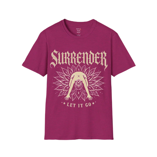 Surrender T-Shirt in Antique Heliconia featuring mystical yoga artwork with gothic typography and mindful “Let It Go” message.