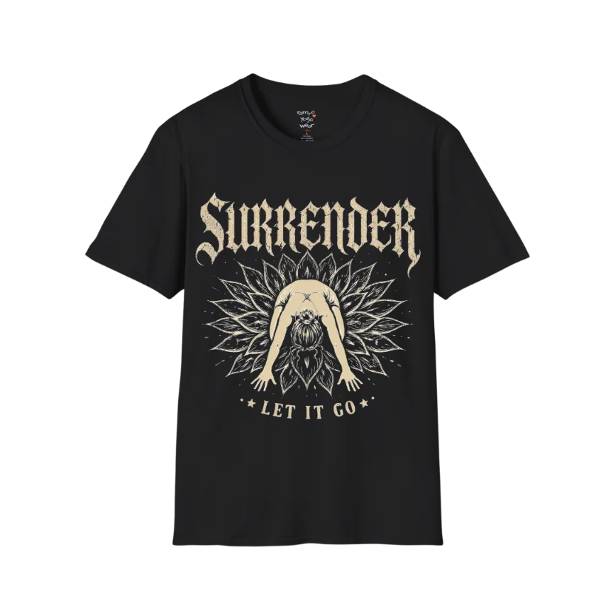 Surrender T-Shirt in Black with vintage-inspired yoga illustration and bold spiritual graphic for calm street-style wear.