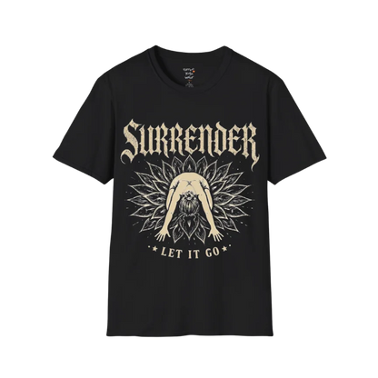 Surrender T-Shirt in Black with vintage-inspired yoga illustration and bold spiritual graphic for calm street-style wear.