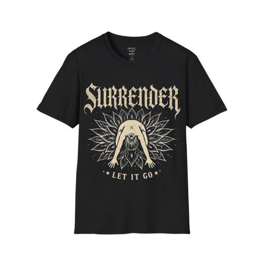 Surrender T-Shirt in Black with vintage-inspired yoga illustration and bold spiritual graphic for calm street-style wear.