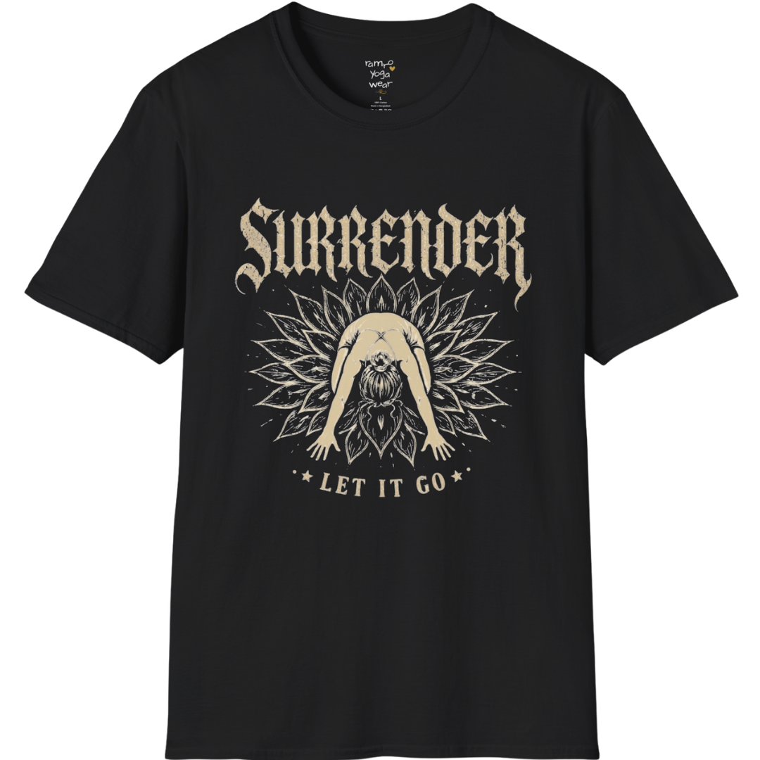 Surrender T-Shirt with child's pose figure in lotus burst design — Wild Devotion collection by Ramro Yoga Wear in Black