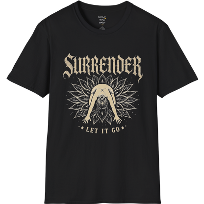 Surrender T-Shirt with child's pose figure in lotus burst design — Wild Devotion collection by Ramro Yoga Wear in Black